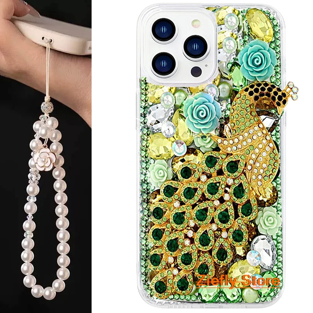 for iPhone 12 13 Pro Max Peacock Gem Flower Case Luxury Bling Diamond Rhinestone 14 15 16 8 Plus Glitter Shiny Crystal Funda