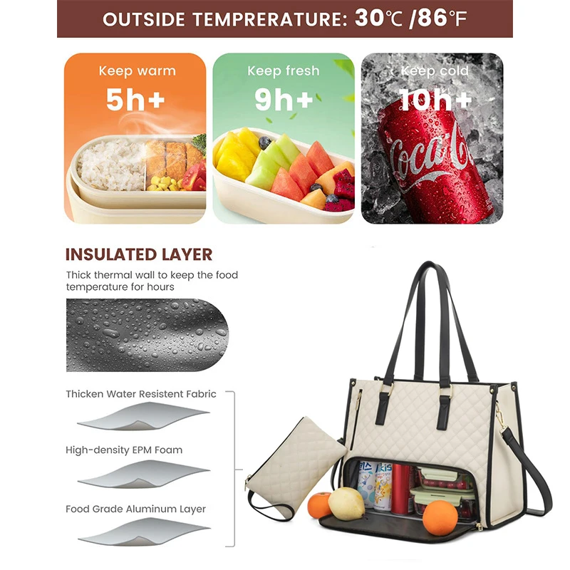 

2-in-1 Insulated Leak-Proof Lunch Bag with Cooler Bag & 15.6-inch Laptop Tote Bag Waterproof PU Women's Office Tote Bag Handbag
