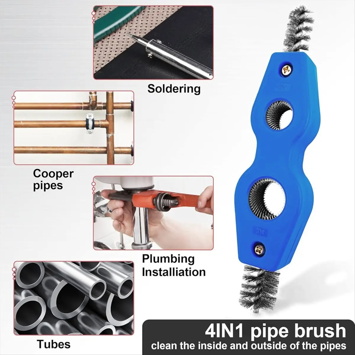 A56K 4 Pieces Copper Pipe Cleaner and Reamer Value Set- Copper Pipe and Cleaner Reamer,4-In-1 Pipe Deburring Brush Tools