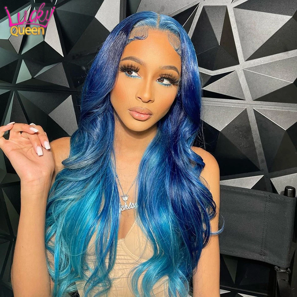 13x6 13x4 Omber Blue Lace Frontal Wigs Pre Plucked Transparent Body Wave Lace Front Wigs Remy Hair For Women 180 Density