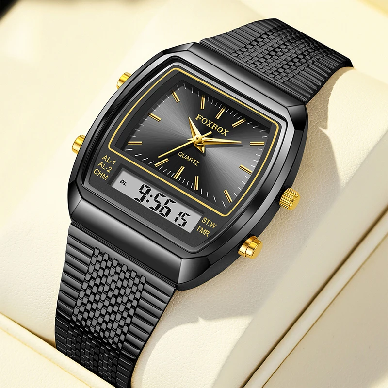 FOXBOX Top Luxury Men Watches Double Display Waterproof Quartz Military Digital Watch Fashion Vintage Watch For Man Reloj Hombre