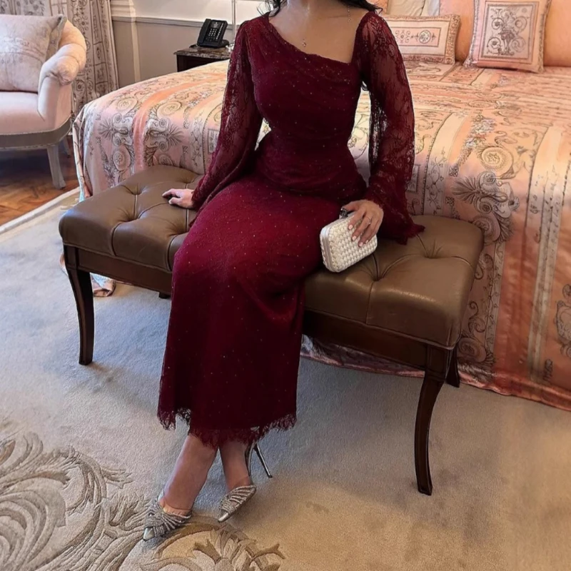Elegancka sukienka z długim rękawem, koronkowa, dopasowana, damska sukienka na imprezę, jesienna, asymetryczna, z wysokim stanem, drapowana sukienka bankietowa Mujer
