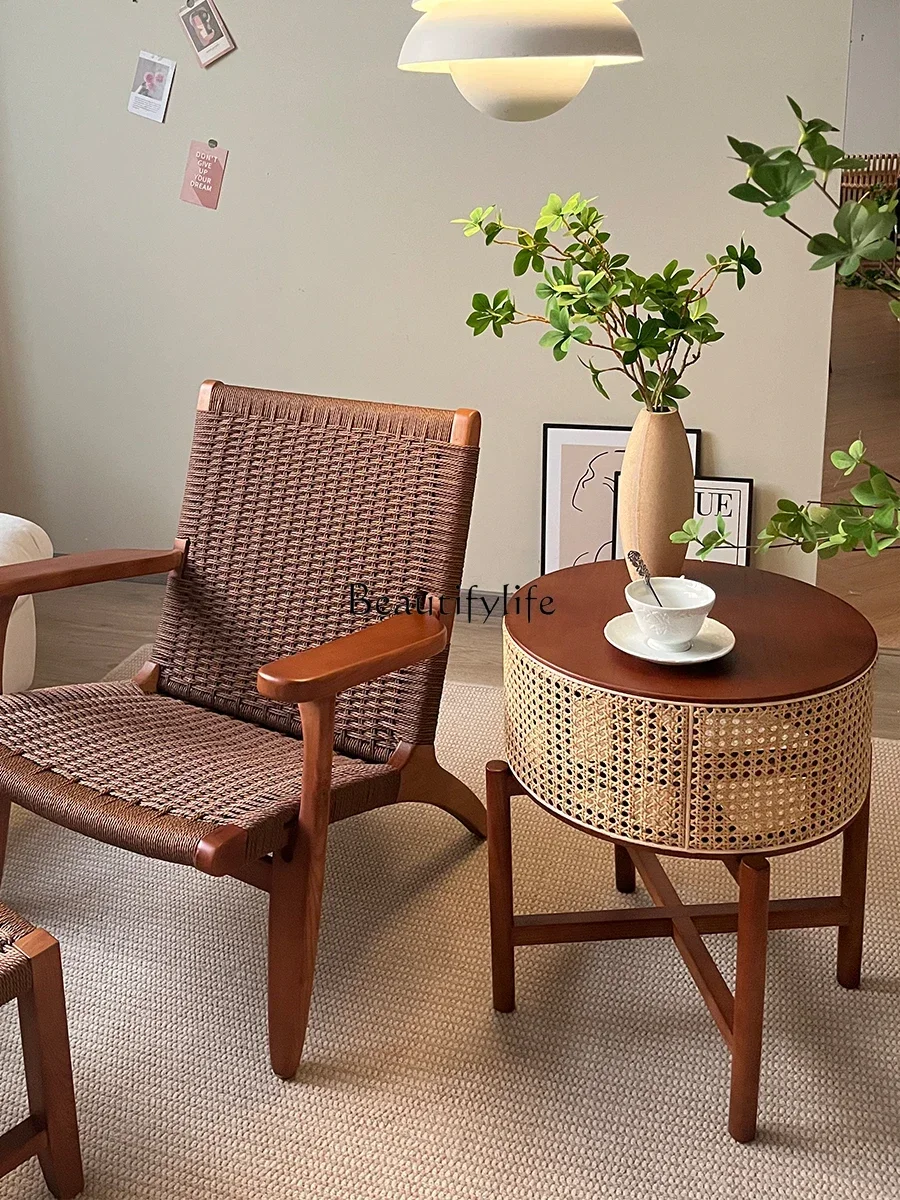 

*Nordic round sofa small coffee table solid wood rattan bedside cabinet simple