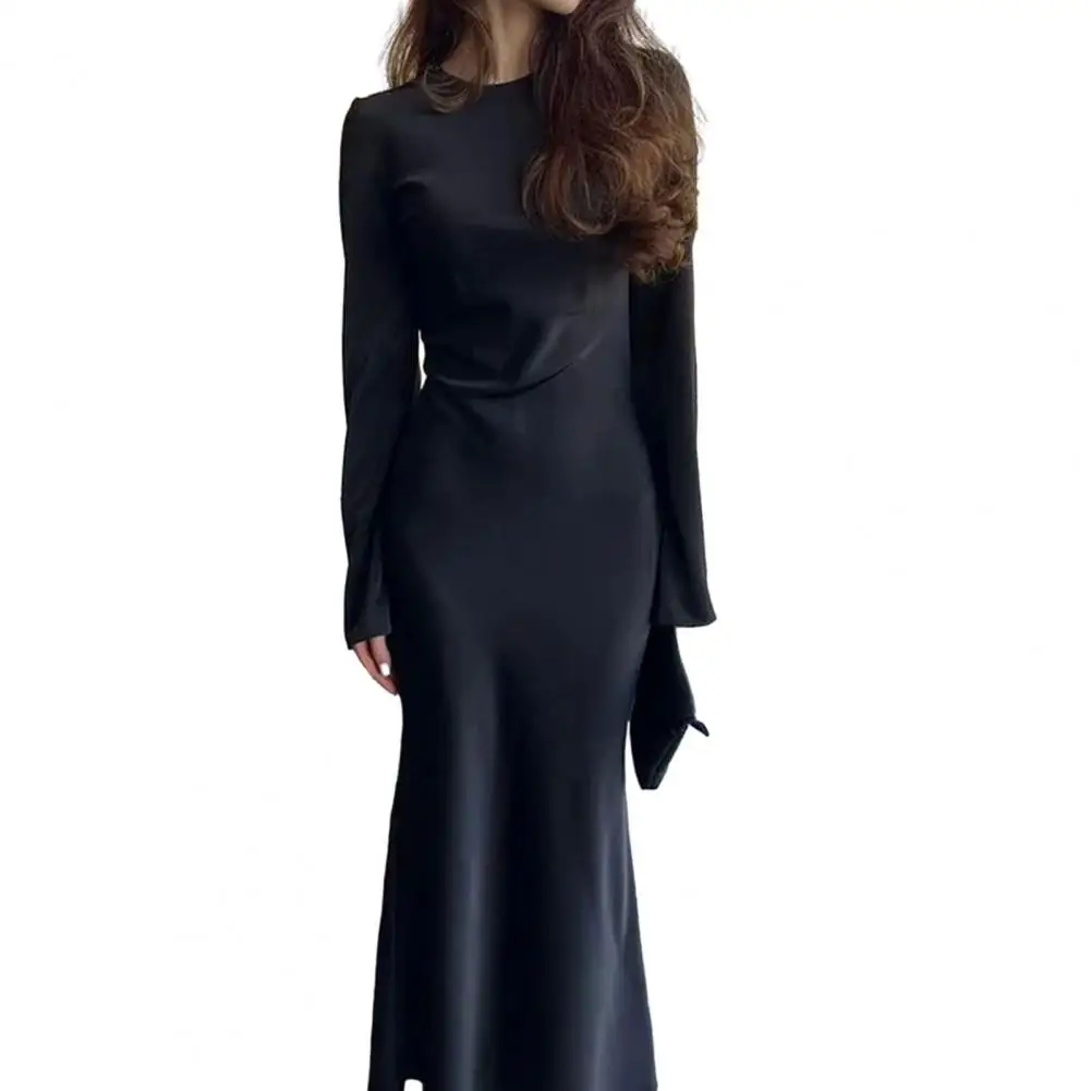 새틴 패션 슬림 맥시 원피스 여성용, 긴팔, 하이웨이스트, 우아한 솔리드 파티 원피스, 캐주얼 럭셔리 숙녀, 가을 랩스커트 원피스