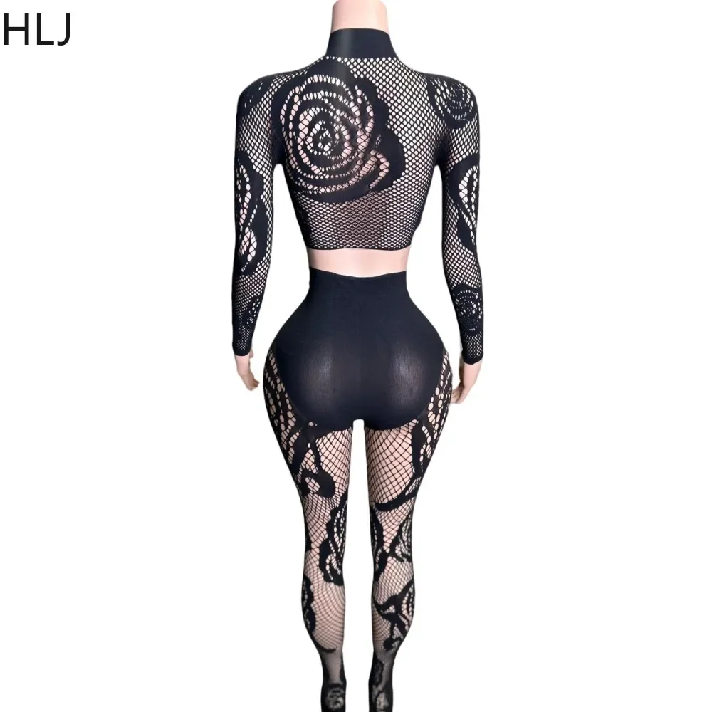 HLJ Sexy Mesh Hollow Elasticity Two Piece Sets For Women Long Sleeve Crop Top And Legging Pants Outfit Lady Sheer Nightclub Wear