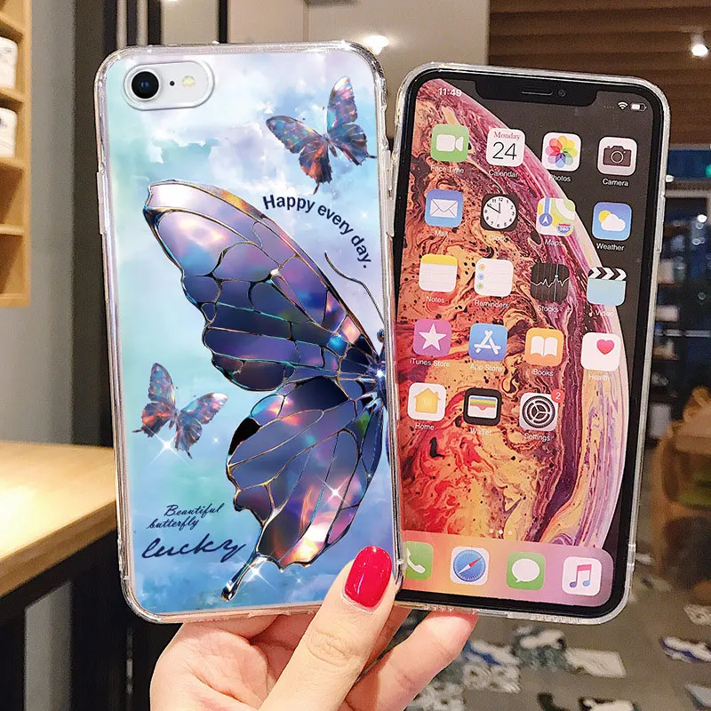 الكرتون القط الحب زهرة فراشة الفتيات قضية الهاتف لابل آيفون 6 6 ثانية 7 8 زائد SE 2020 2022 سيليكون مطبوعة Fundas غطاء من البولي يوريثان