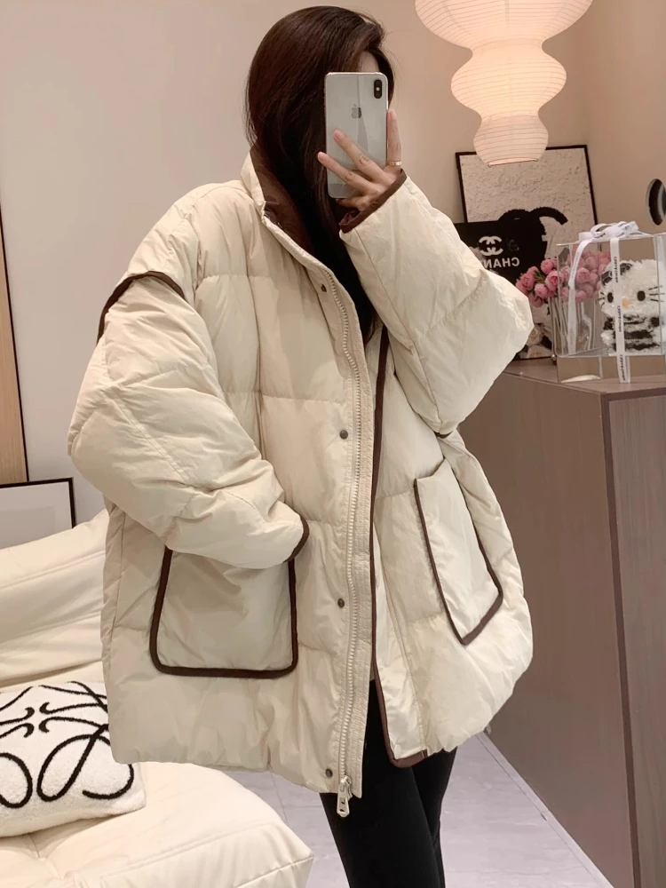 90%ダックダウンジャケット 韓国風 ルーズカラー ミドル丈コート 2025年冬新作 レディース スノーコート 厚手 暖かい アウター 女性用パーカー ブレッドスーツ