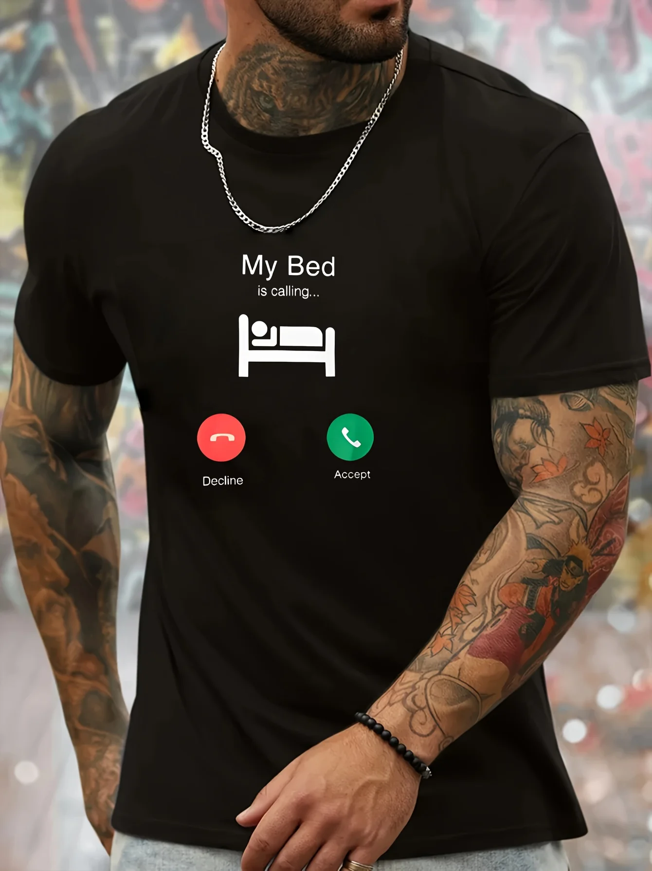 Men's Casual Short Sleeve T-Shirt - Summer Breathable Crew Neck T-Shirt, "My Bed" letter pattern print, machine