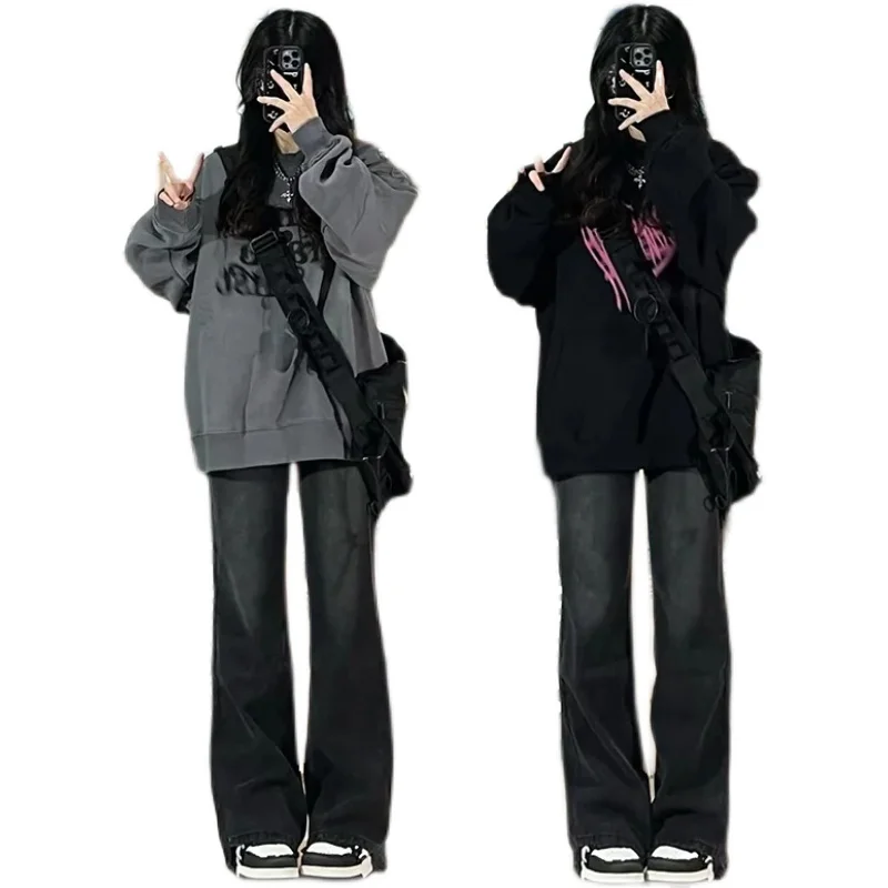 Streetwear Clothing Woman Jeans Flare Washed Worn Destroyed Torn Frayed Hem Ladies Female Denim Trousers Fashion Destroyed