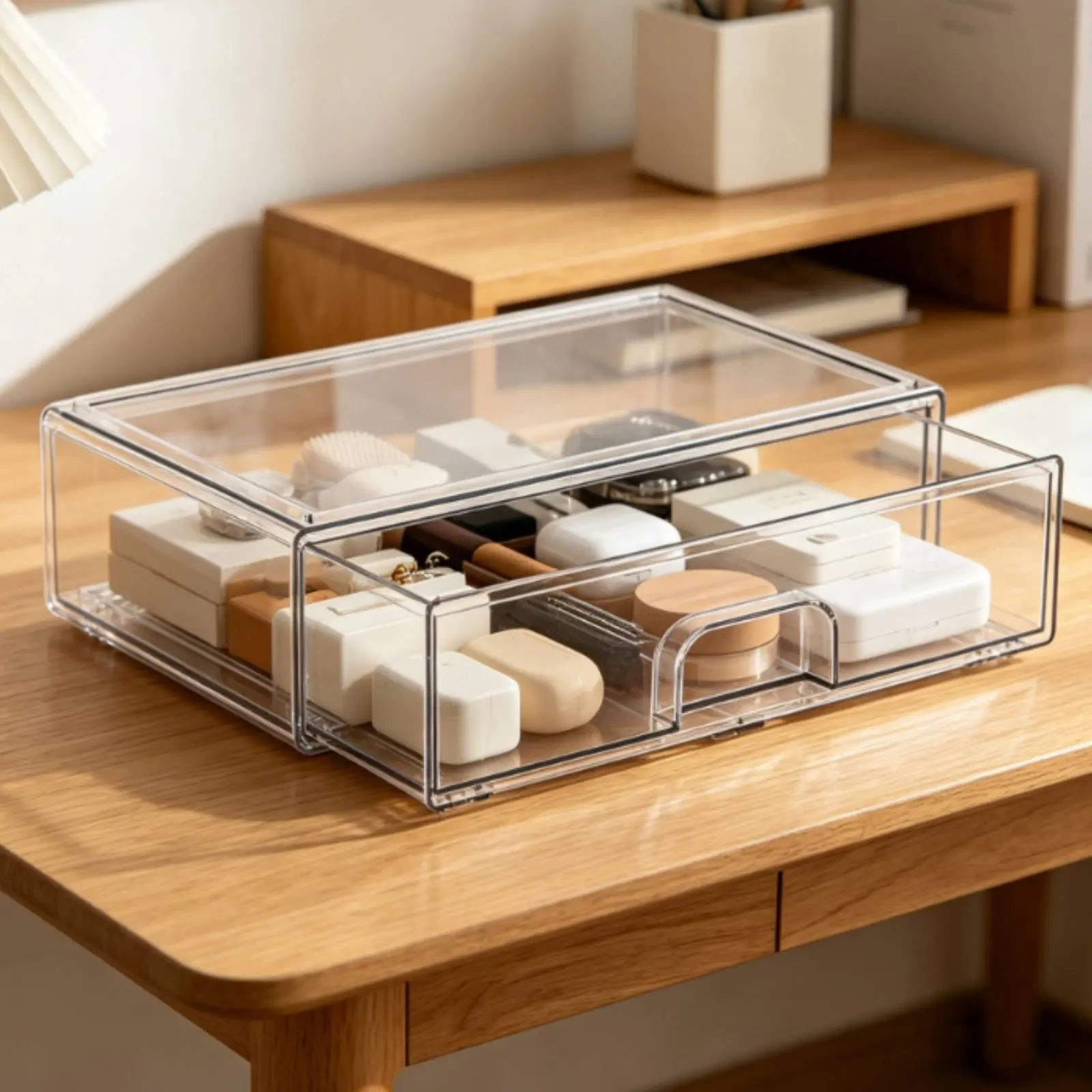 

Stackable Storage Drawer Easy to Clean Transparent Drawer Organizer Cosmetic Storage Box Anti-Slip Pads for Dressing Table