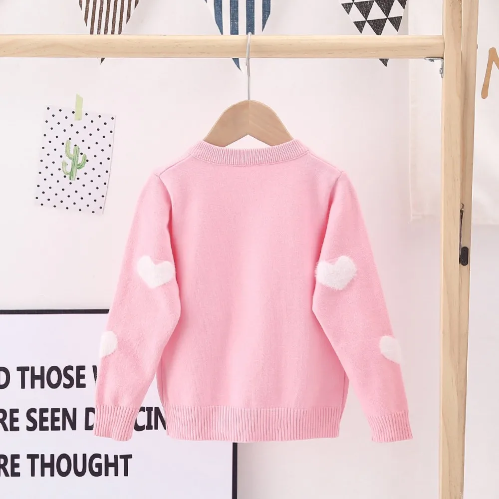 New 2024 Baby Girls Fashion Knitted Cardigan Sweater Kids Autumn Warm Heart Embroidery Button Sweater Jacket Coat Cotton T-Shirt