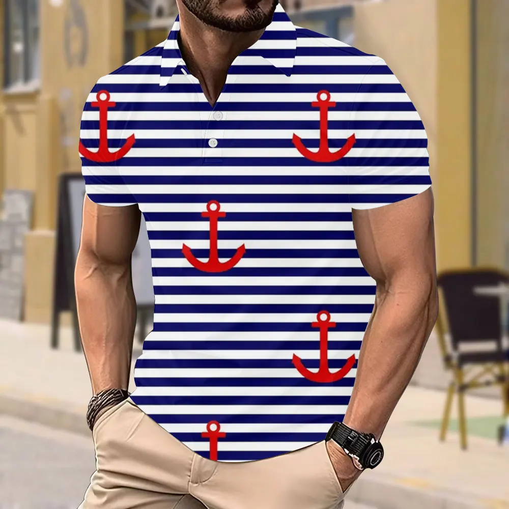 Korean Style Luxury Men's Polo Shirt Striped Pattern Printed Polo Shirt Fashionable Casual Breathable Short-sleeved Top T-shirt