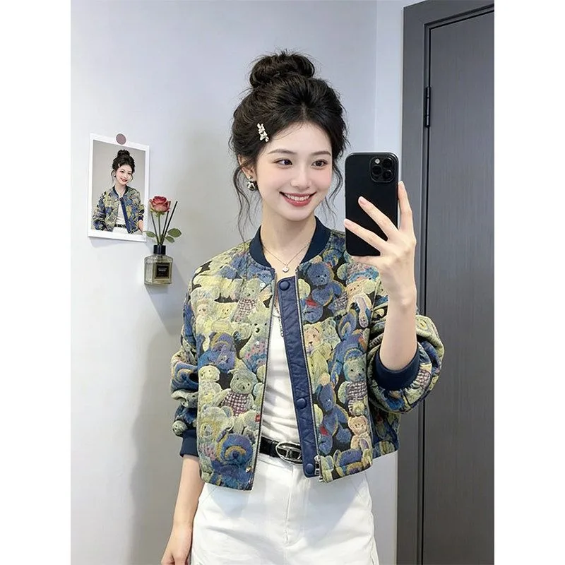 Spring 2026 New European Versatile Printed Fashion Retro Jacket Women Niche Age-reducing Short Baseball Jersey Short Style Coat