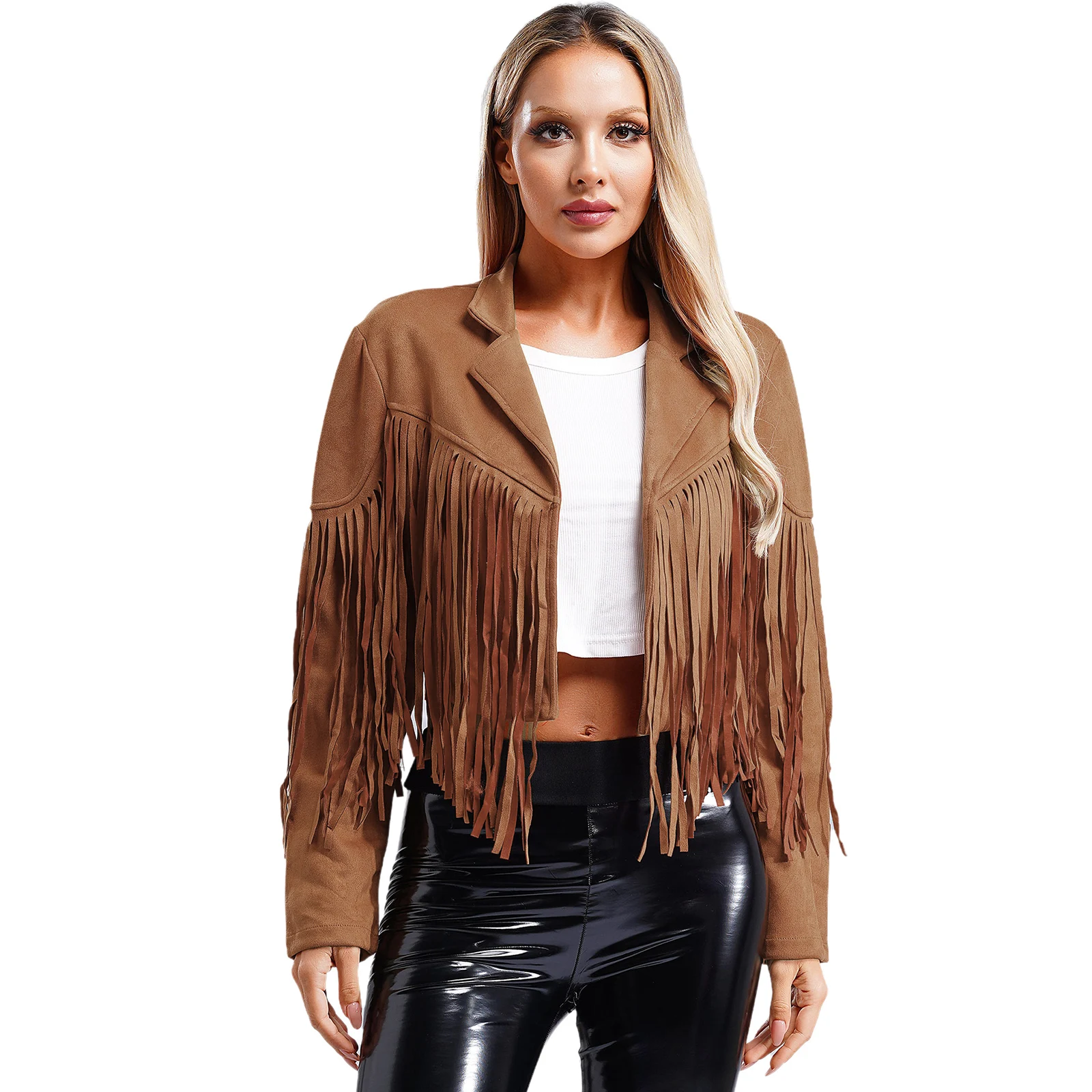 สตรี Fringe Faux Suede Cropped แจ็คเก็ต 80s Hippie เสื้อแขนยาวเปิดด้านหน้าเสื้อสเวตเตอร์ถักปาร์ตี้ Cowgirl เครื่องแต่งกาย ...