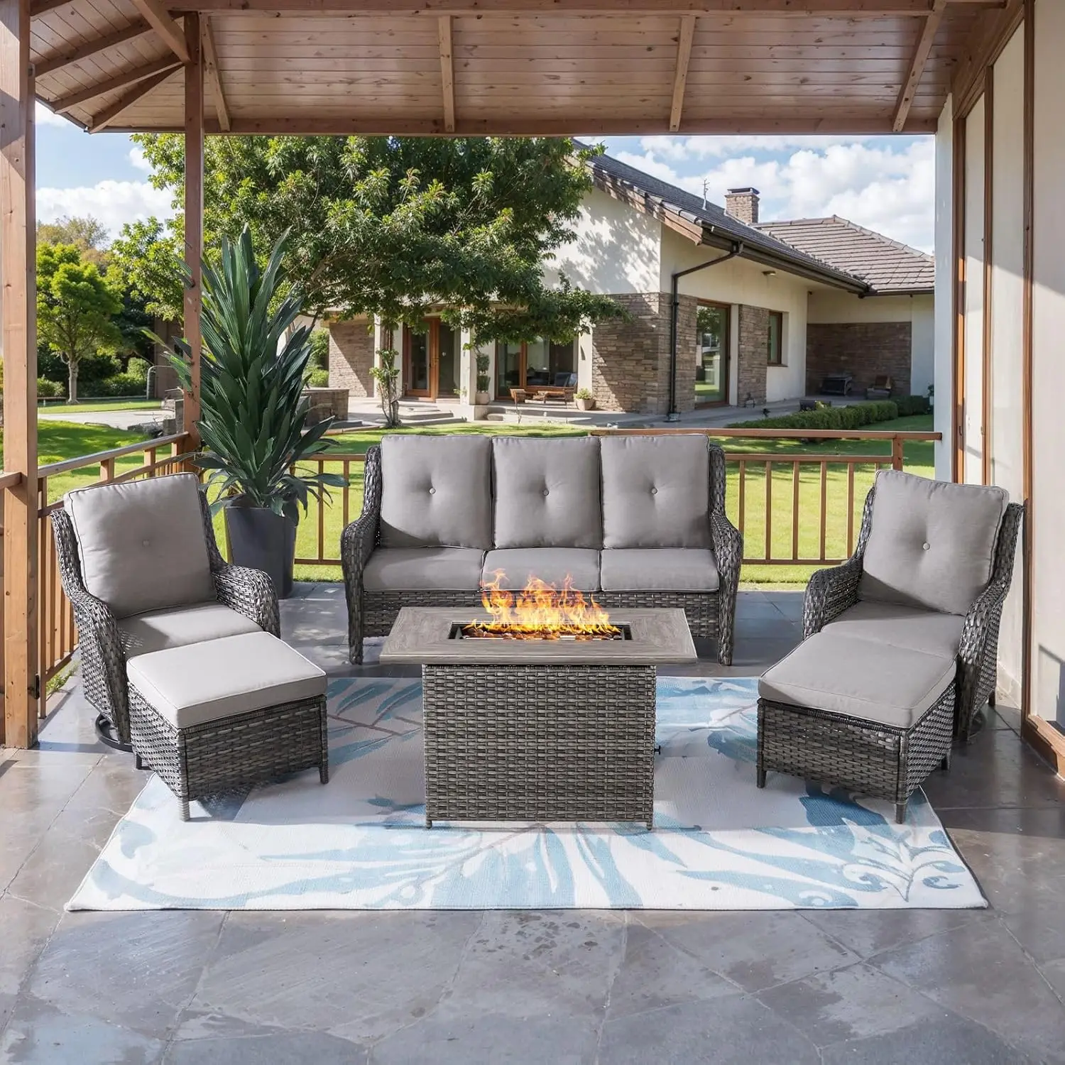 

Комплект садовой мебели из 6 предметов с плетеным столом-очагом, набор для отдыха на открытом воздухе, диван-качалка из искусственного ротанга, настраиваемый под заказ