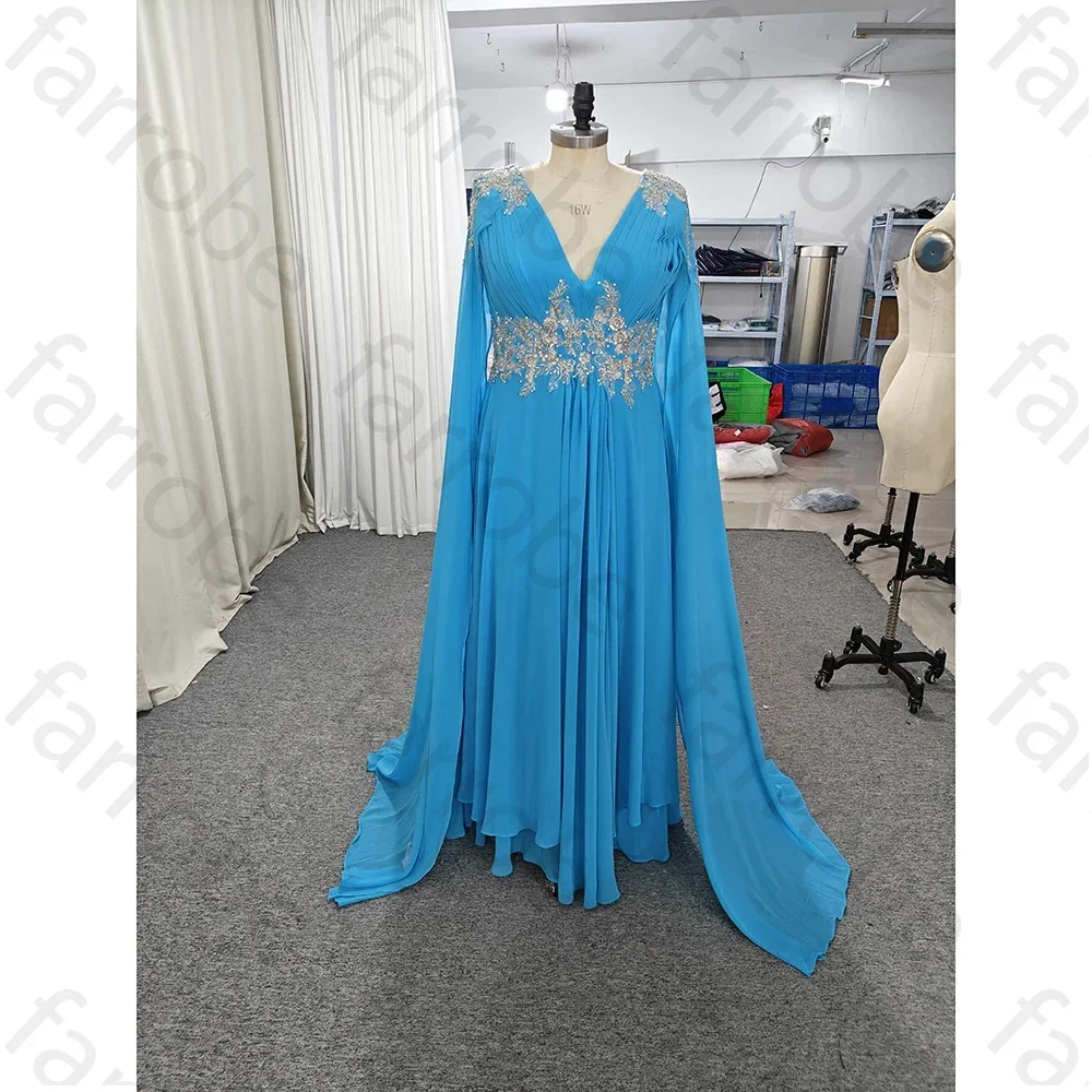 Personalizado elegante azul mãe vestidos de noiva capa com decote em v vestido de convidado de casamento frisado appliqued cintura até o chão vestidos de noite