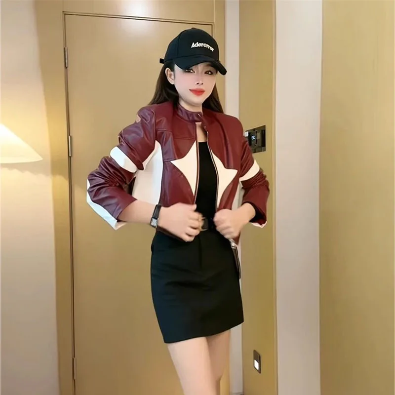 Contrast Color PU Leather Coat for Women's Fashion Short Motorcycle Leather Jacket New 2025 Spring Autumn Female Outerwear Top