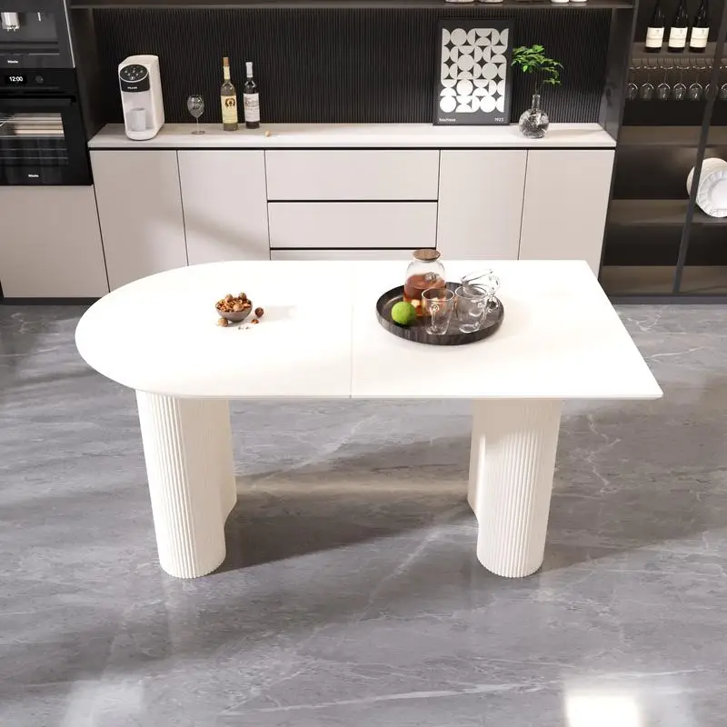 Modern MDF Cream Style Dining Table and Irregular Side Table Set, 4-8 Person Capacity, Thick Engineered Wood Round Table with