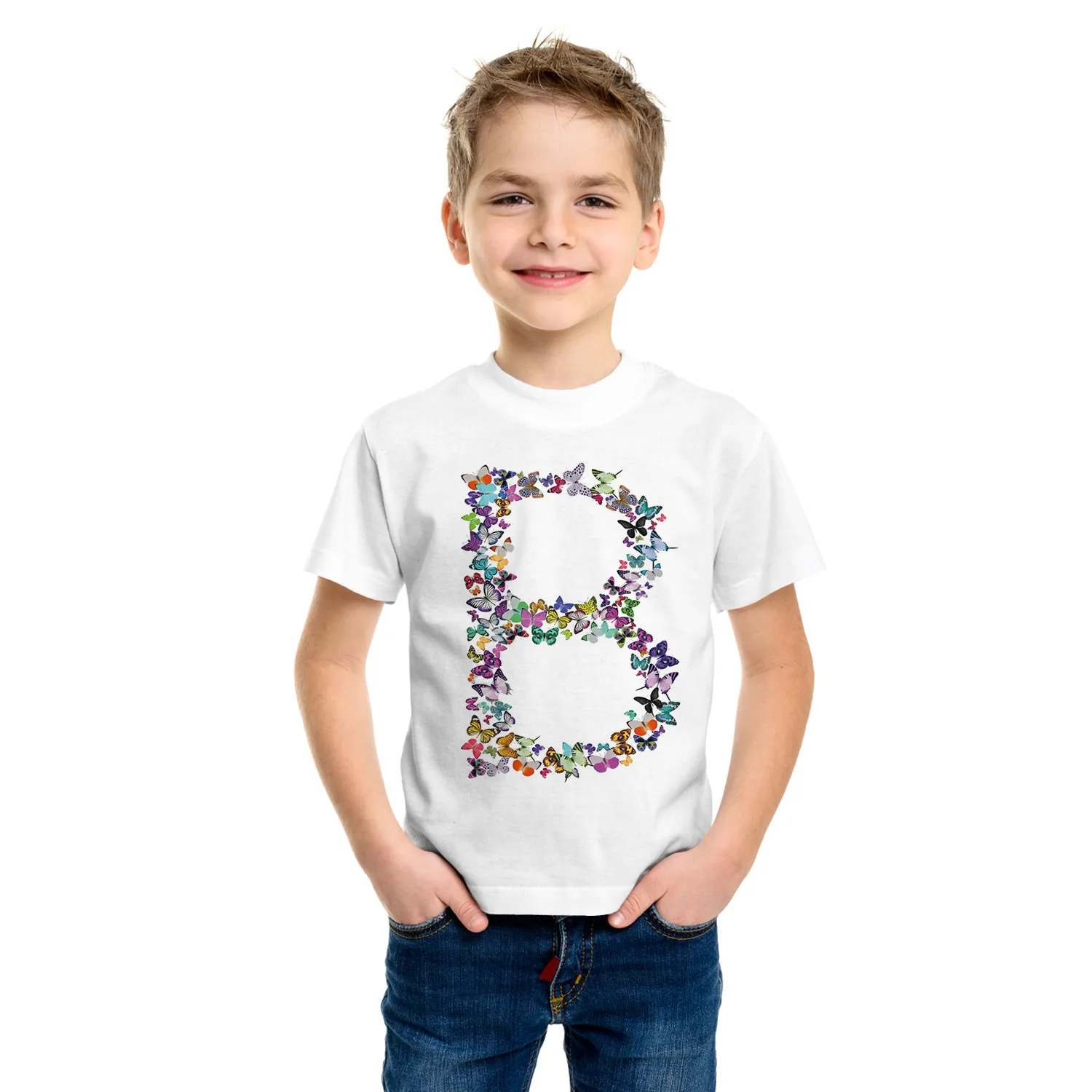 T-Shirt à Manches Courtes pour Enfant, Vêtement à Motif de Lettres Papillon Kawaii, Dessin Animé, Décontracté, pour Fille et Garçon