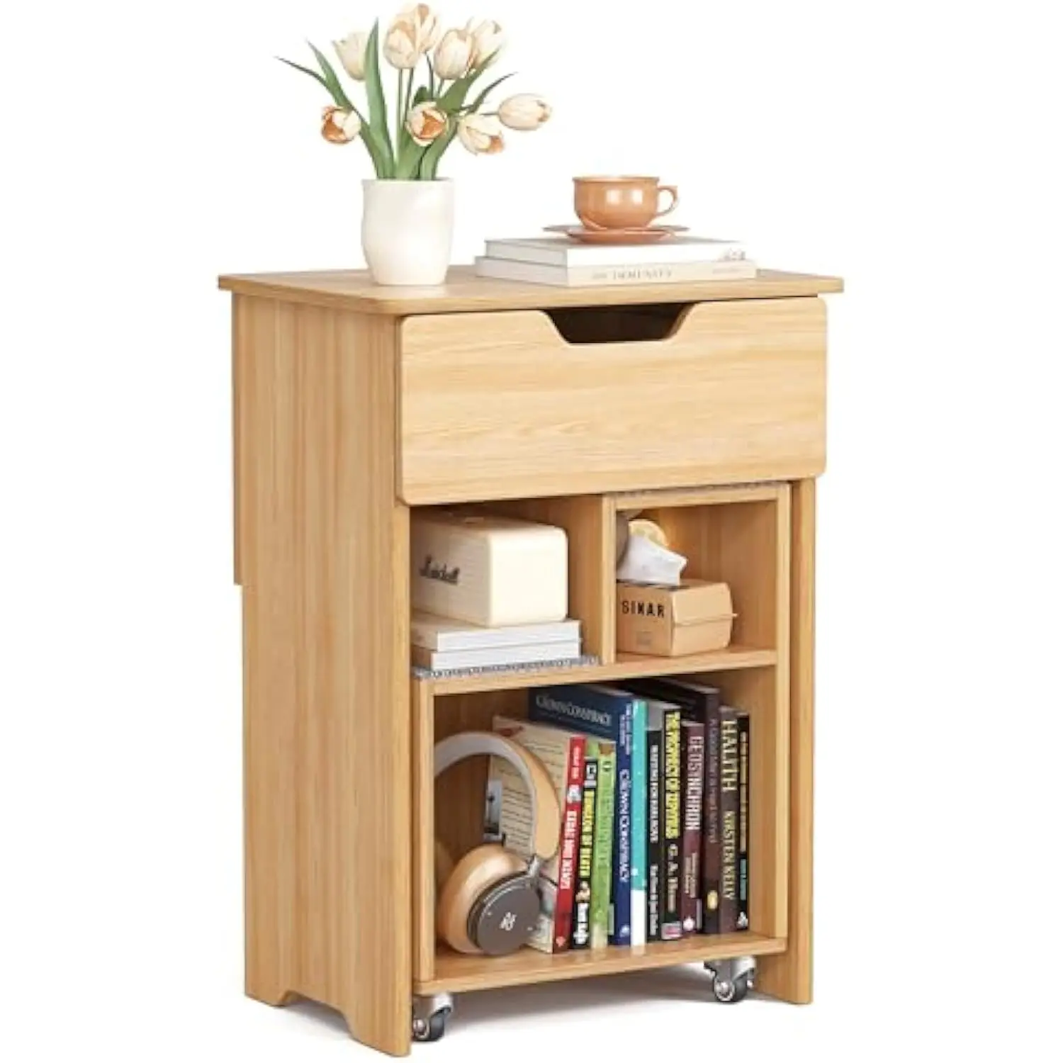 

End Table Small Nightstand for Small Spaces Narrow Side Tables Bedside Table with Drawers Open Storage Shelf Accent Vintage Far