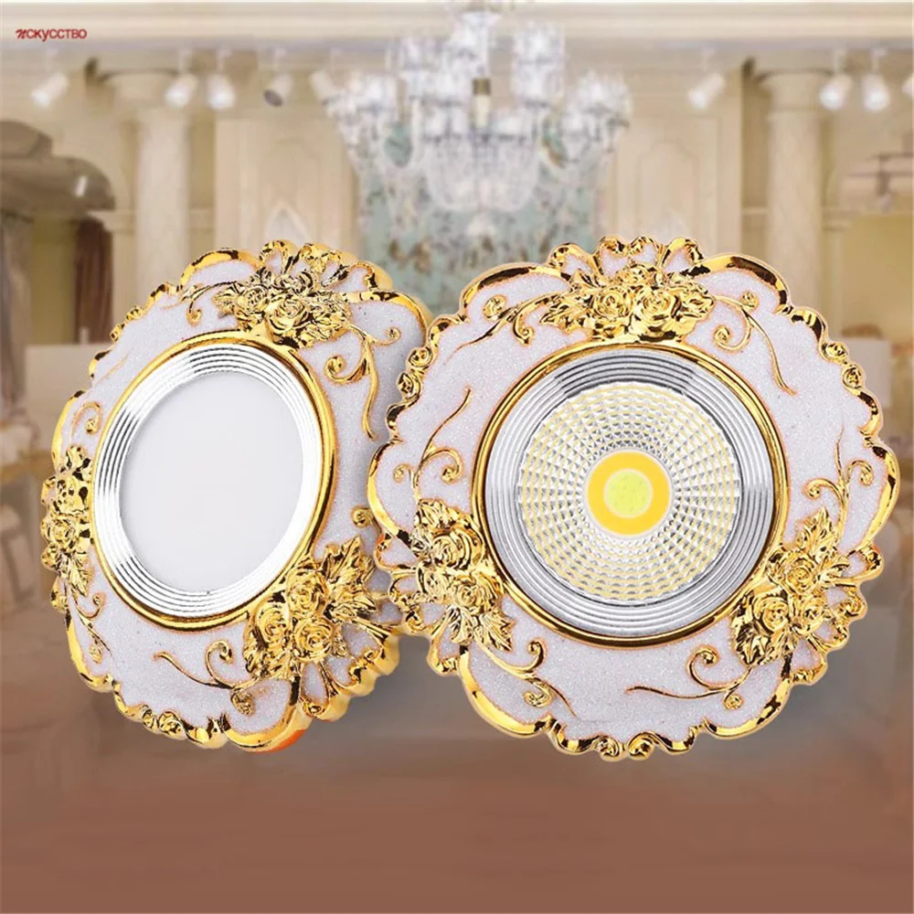 European Style Resin White Golden Lace Led Downlight 5W 7W 110V 220V Living Room Corridor Aisle Hotel Loft Recessed Spot Lamp