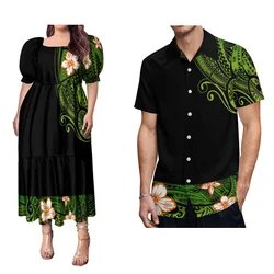 Polynesian Floral Print Summer Puffed Sleeves New Design Women'S Long Dress Men'S Casual Shirt Pacific Island Couple Set