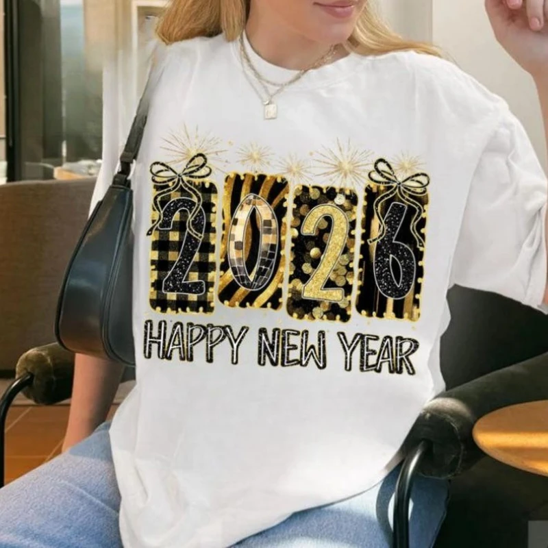 Hello New Year 2026 Disco Ball Shirt Black and Gold Sequins Glitter Leopard Unisex Shirt Crewneck Casual Style Graphic Tshirts