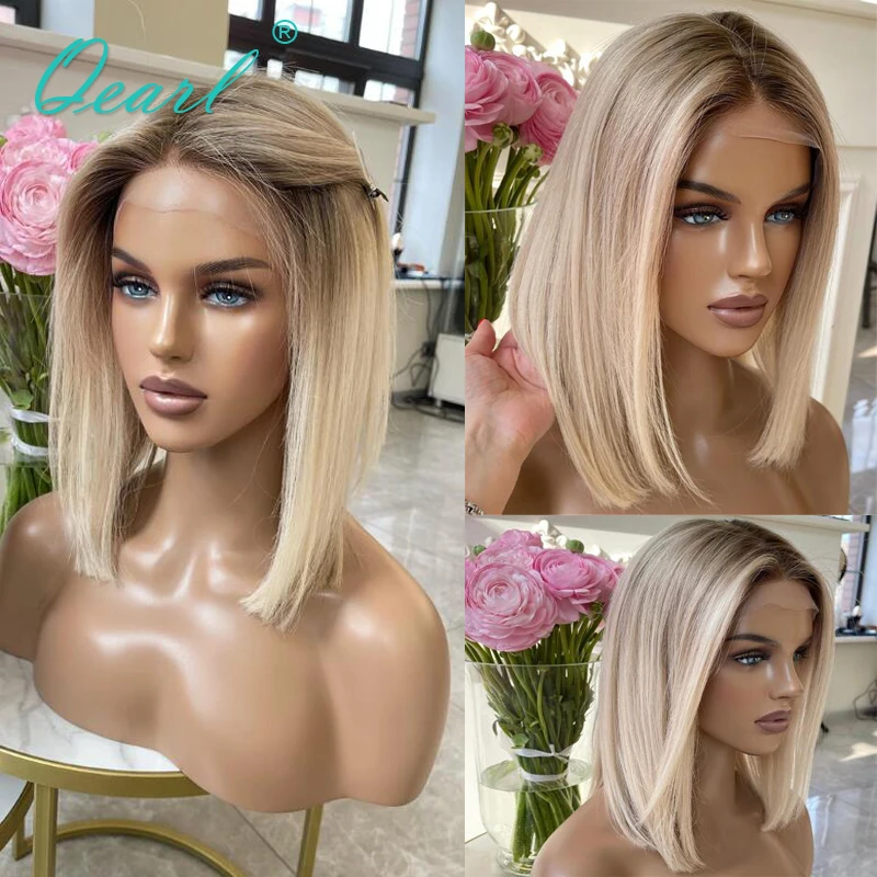 Loira perucas de cabelo humano ombro curto 13x4 hd perucas frontais do laço ombre luz colorida sem cola bob peruca superior venda para mulher qearl