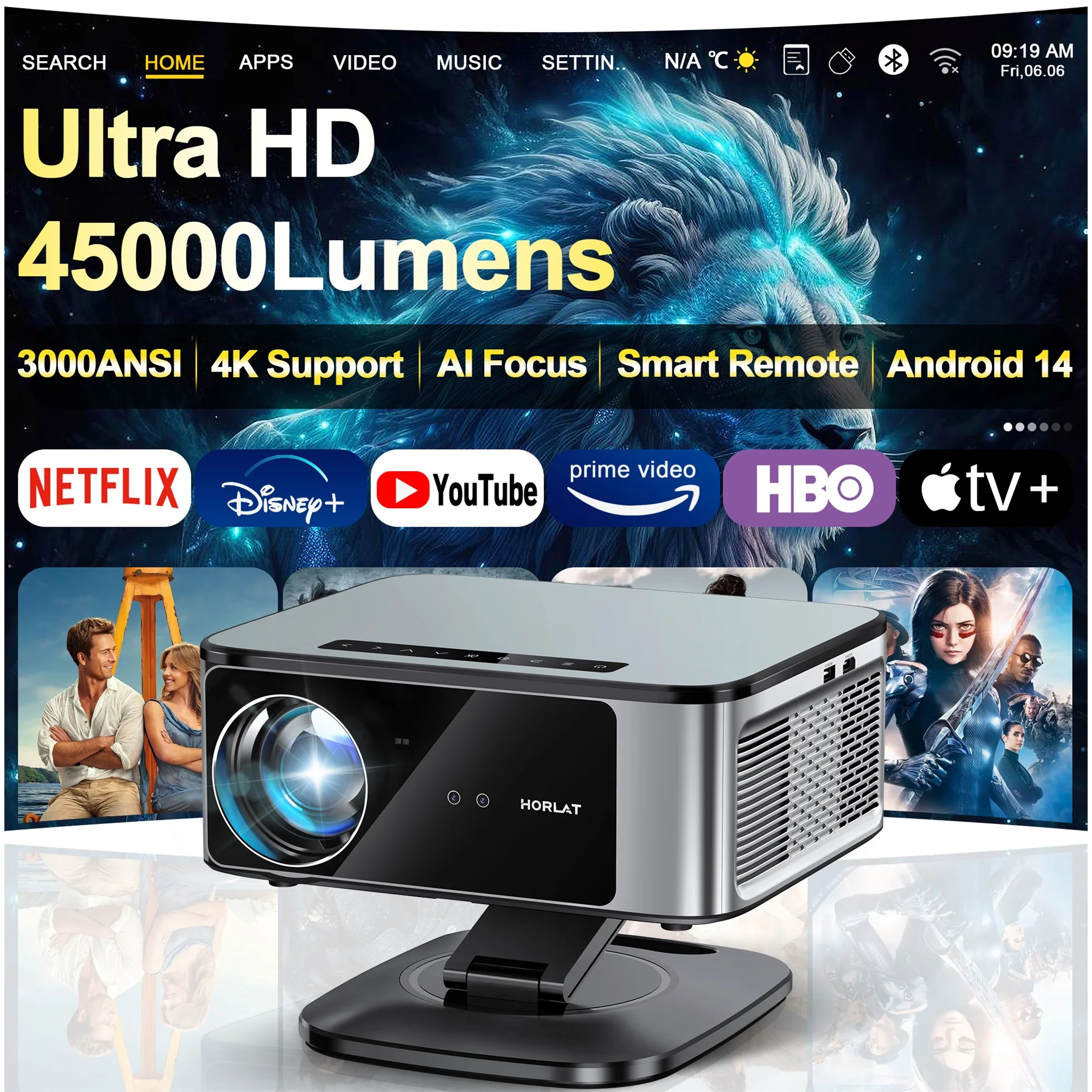 Proyector HORLAT 2026 de 45000 Lúmenes 4K Ultra HD con Enfoque TOF, Android 14, WiFi 6, 1080P Full HD, Proyector de Cine en Casa con Luz Diurna