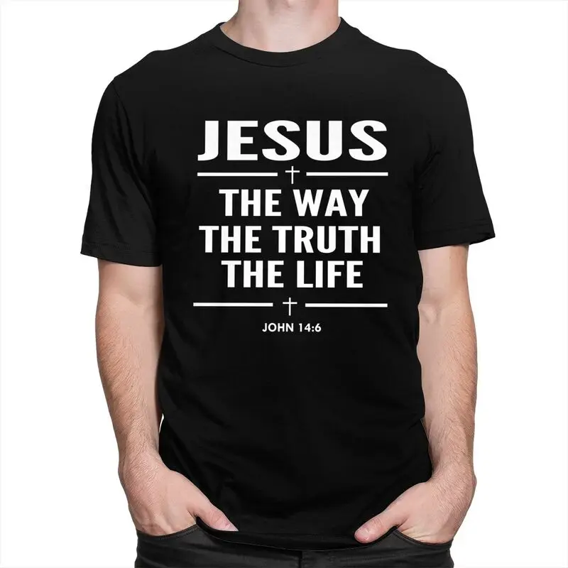 Jesus The Way The Truth The Life T Shirts Men Short Sleeved Christian Faith Cross T-shirts Tee Tops Cotton Regular Fit Tshirt