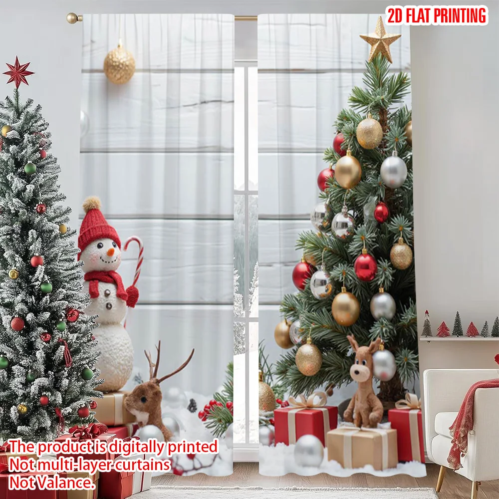 

2pcs 2D flat printing Merry Christmas Popular Window Curtains Winter White Wood Flooring Snowball Christmas Versatile Fabric