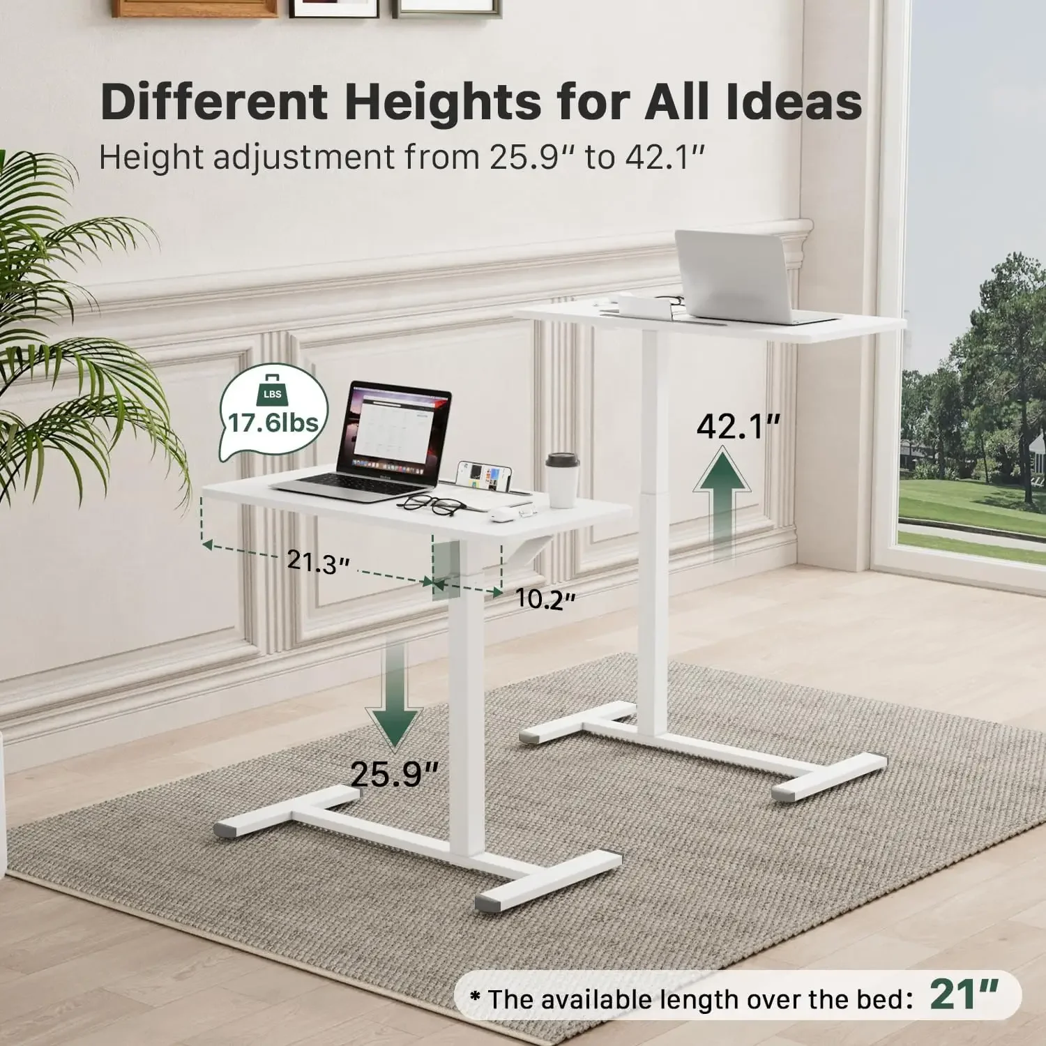 Mobile Standing Desk, Pneumatic Adjustable Rolling Desk(31.5 Inches), Portable Laptop Desk with Wheels, Bedside Table