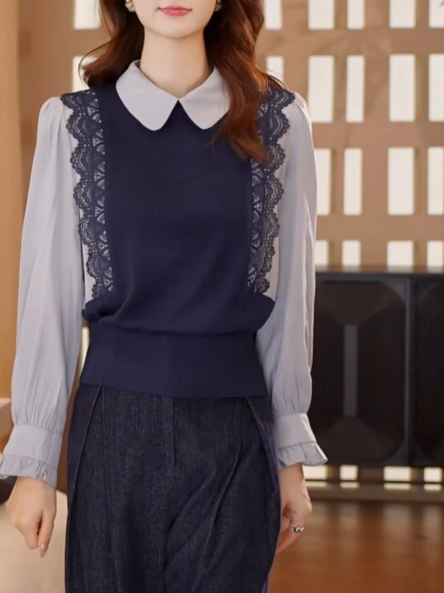 

Slimming Effectiven Ele irt Lace Waist Cinch Fake Two-Piece Patchwork Autumn Winter New Arrival plus Size Women's Fa...