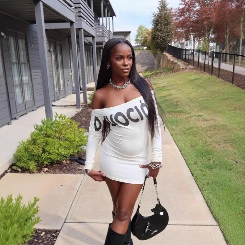 Off Shoulder Dresses For Ladies Vestidos Dress Woman Hot Girl Street Style All-match Long Sleeves Slant Collar Printed Contrast
