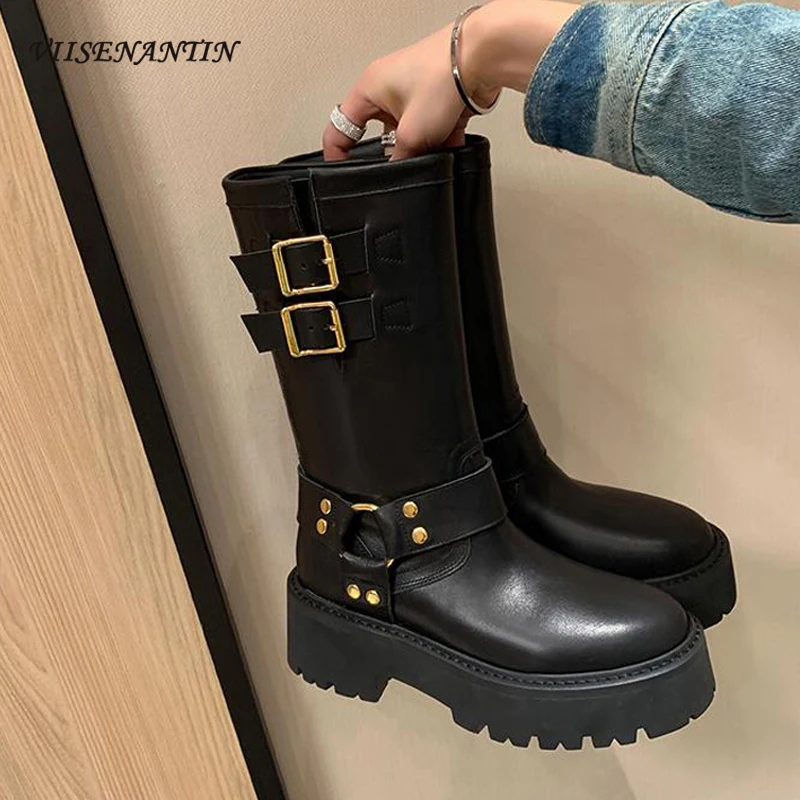 

2023 Newest Retro Style Short Boots Metal Square Buckle Round Toe Thick Soled Women's Mid Calf Boots Comfy Casual Martin Boots