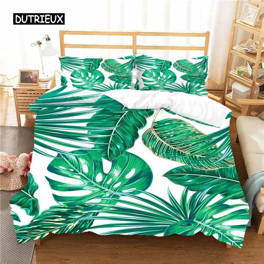 Leaves Duvet Cover Set Queen Size Hawaiian Tropical Leaves Theme Bedding Set King Microfiber Green Leaves Branches Quilt Cover