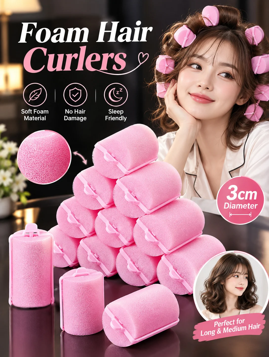 Sponge Hair Rollers Soft Foam Heatless Curlers 3cm Pink 8 Pcs Sleep Styling Tool for Long Locks DIY Bangs