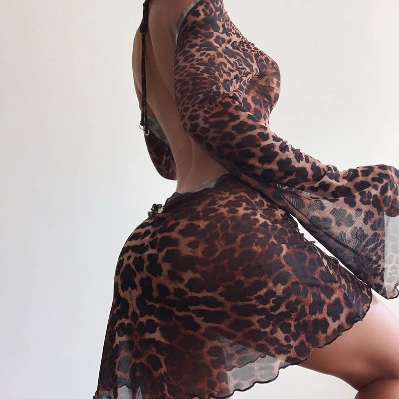 

2025 Summer New Sexy Leopard Print Mesh Sheer Holder Pure Desire Style Deep Back Short Women's Dress A002
