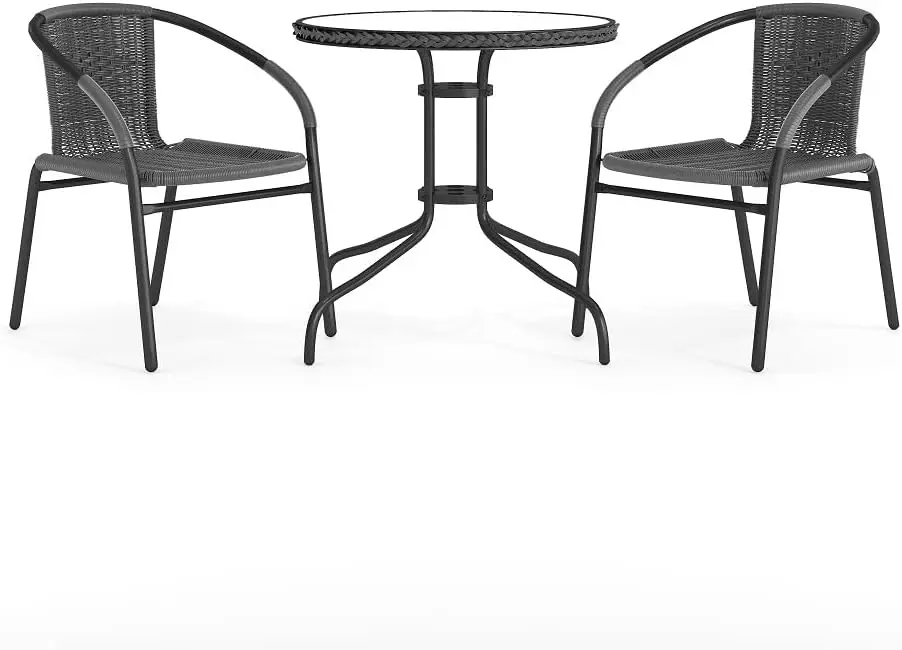 Indoor/Outdoor Bistro, Round Glass Metal Table & Stackable Rattan Chairs, Gray, 3-Piece Set