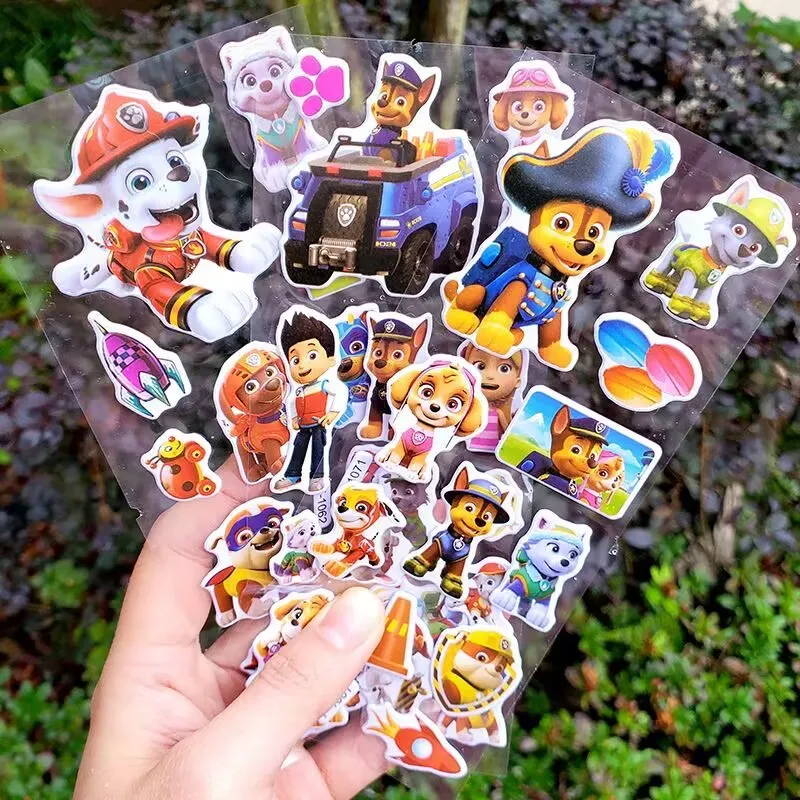 12 hojas de pegatinas de burbujas de la patrulla canina, figura de Anime de la patrulla de dibujos animados, pegatina 3D de Ryder Marshall Skye, suministros para fiesta de cumpleaños para niños