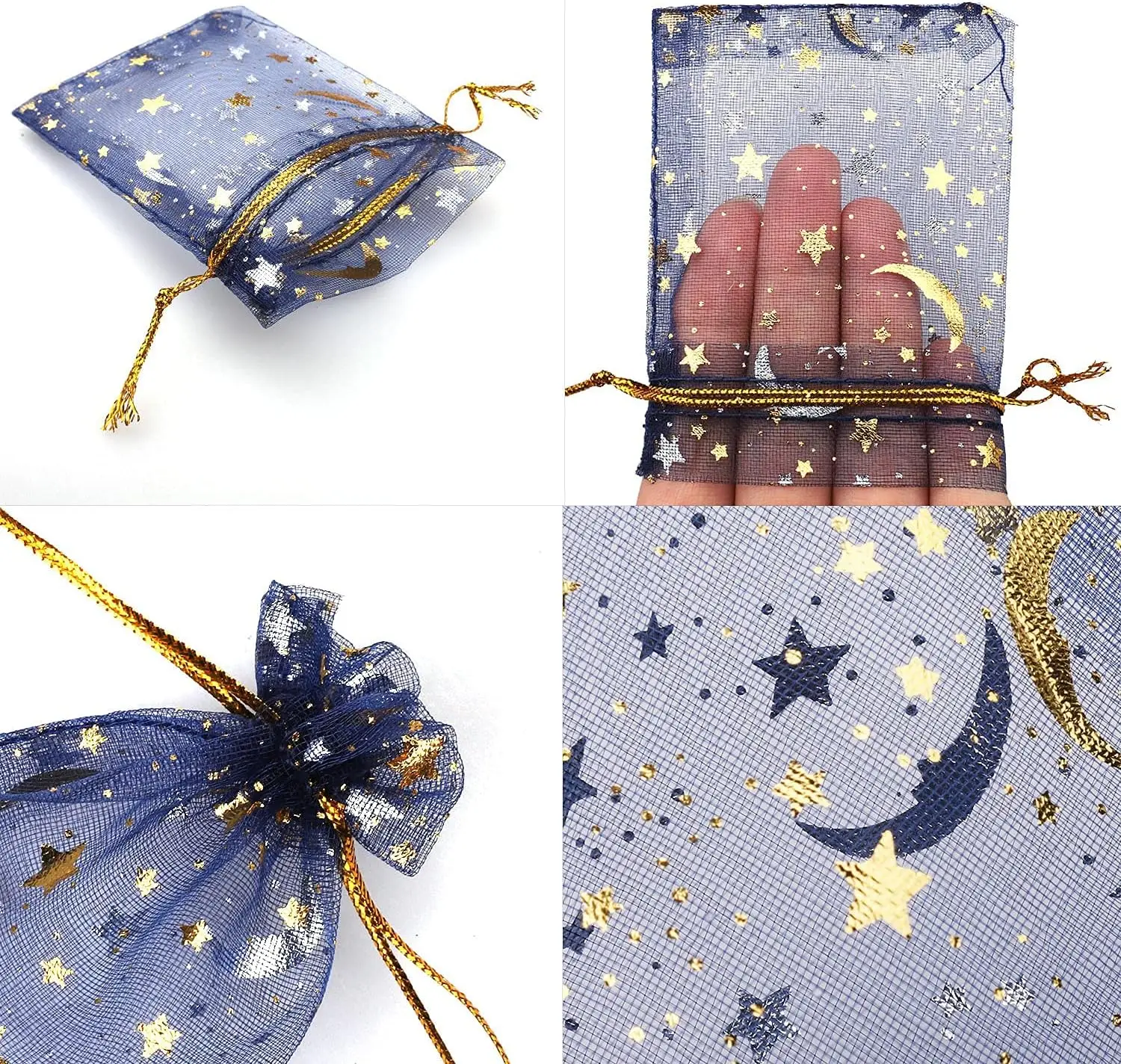 100 Stück 7x9cm Mond-Stern Organza Schmuck- und Süßigkeitentaschen Marineblaue Organza-Beutel Kleine Geschenktaschen mit Kordelzug – Detail 3