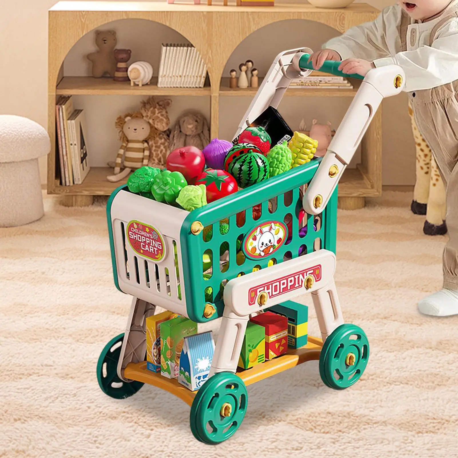 Grocery Cart For Kids Kids Shopping Cart Toy Play Kitchen Accessories Pretend Play Educational Toys Fake Food For Boys Girls