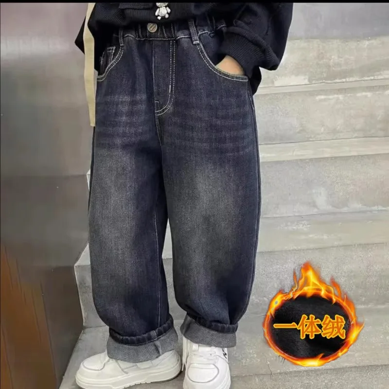 

Boys Winter Jeans Children Fleece Warm Pants Kids Padded Wide-leg Trousers New Teenager Fashion Casual Loose Clothing 3-14Y