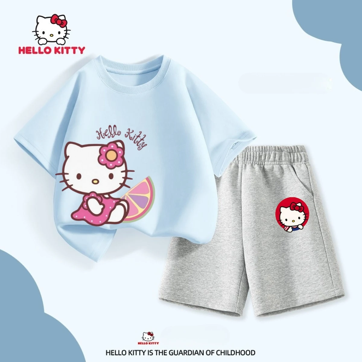

Sanrio, летний комплект одежды из 100% хлопка для маленьких девочек, детские футболки с короткими рукавами и принтом «Hello Kitty», топ и шорты, костюм