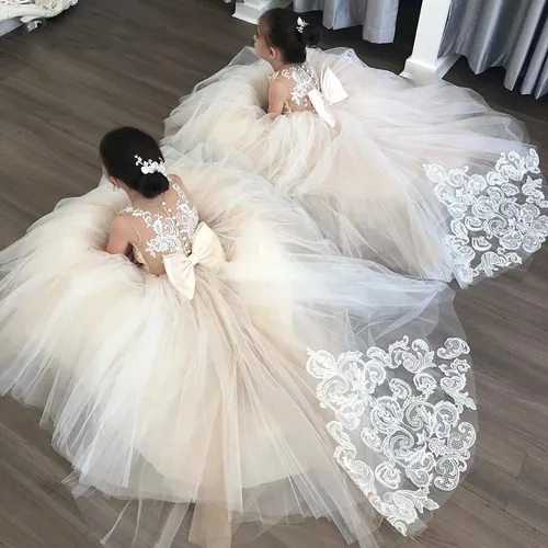 MisShow-vestidos de encaje de tul para niña de las flores con lazo, vestido de baile de princesa de cumpleaños, sin mangas, vestidos de primera comunión para niños, vestidos de boda