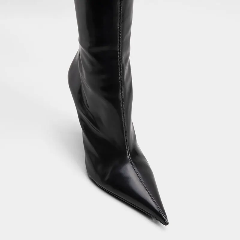Women's new pointed metal thin high heel pointed side zipper patent leather knee high boots