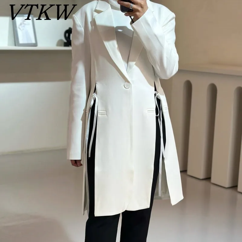 

VTKW Flip Collar With One Button And Split Design, 2025 Spring New Women's Blazer High-quality Mid To Long Length Suit Jacket