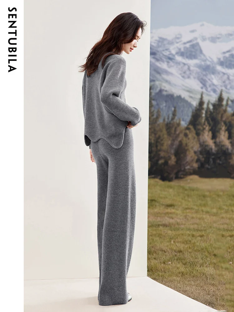 SENTUBILA Knitted Sweater Pant Sets Women 2024 Autumn Winter Outfits Wide Leg Trousers V-Neck Sweater Two Piece Sets W34Z52266