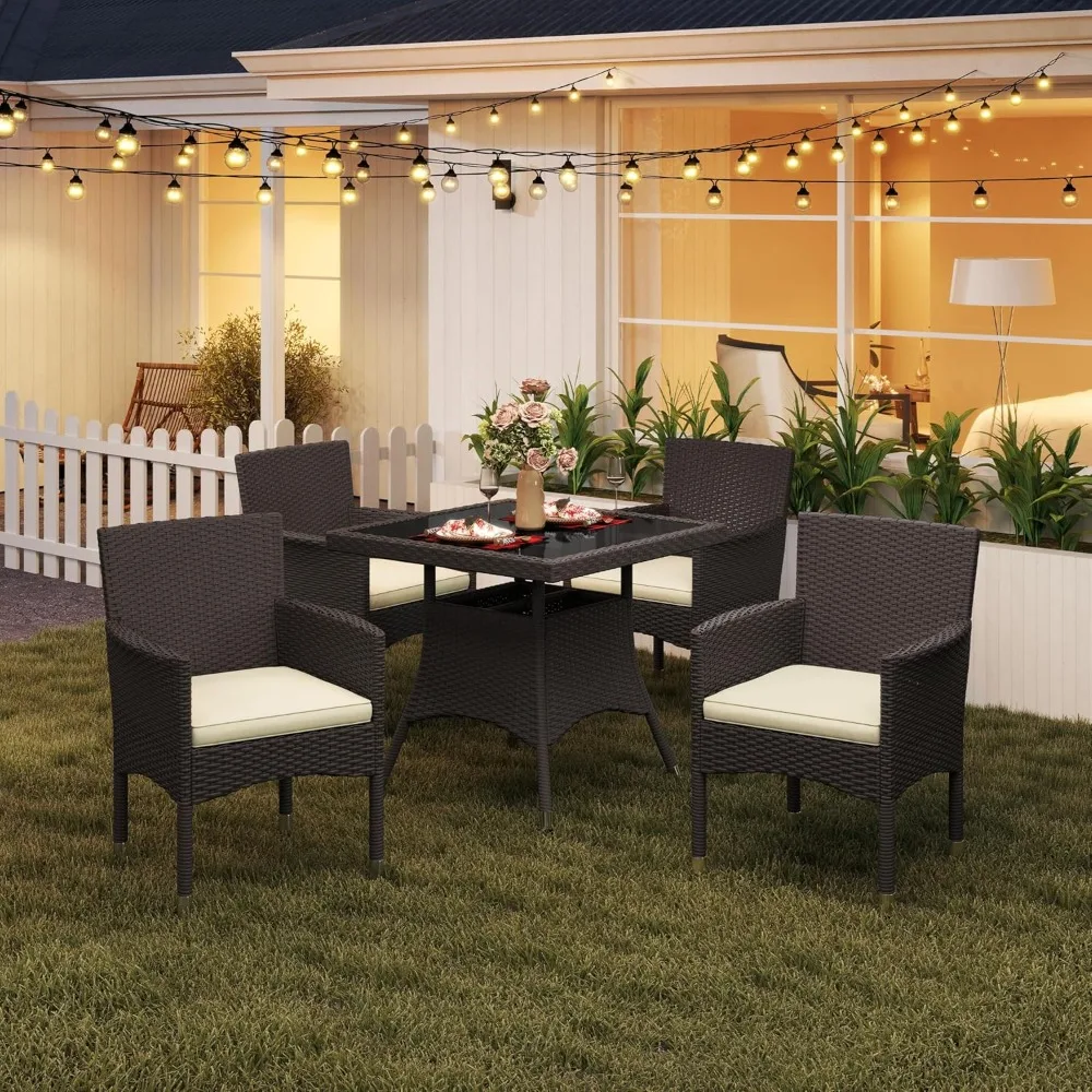 5-Piece Patio Furniture Set, Outdoor Rattan 4 Dining Chairs & Tempered Glass Table with Umbrella Hole, for Garden Backyard Deck