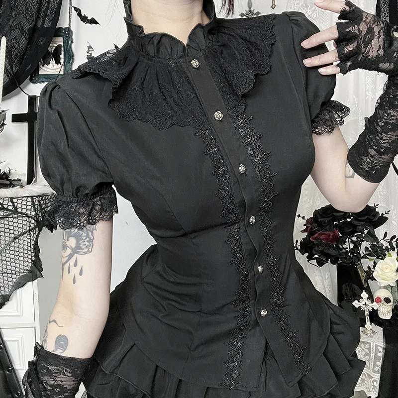 

Goth Dark Harajuku Fashion Short Sleeve Lace Patchwork Shirts Women Alt Techwear Mall Gothic Button Slim Blouse Shirt Cute Tops